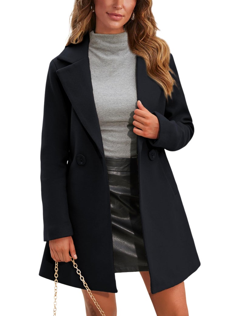 Springrain Women's Wool Pea Coat Notched Collar Double Breasted Midi Long Trench Coat Outwear (Black, XL) - Image 1